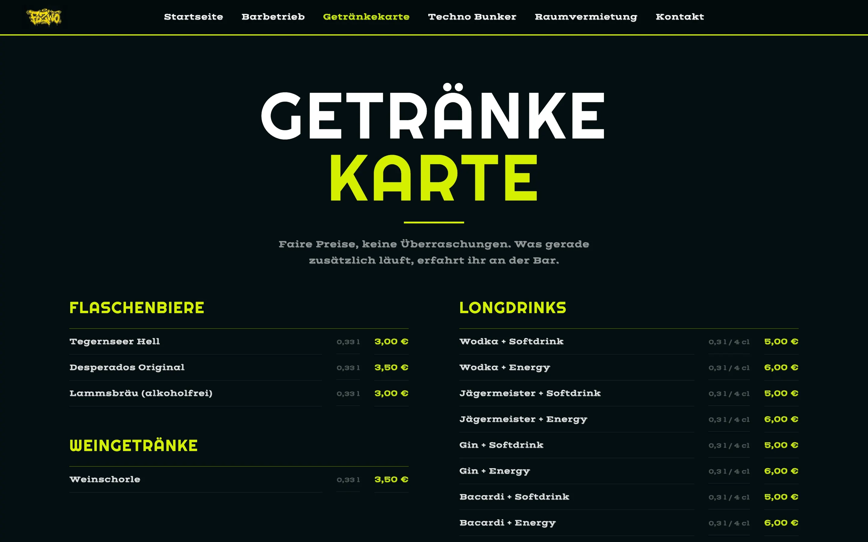 Getränkekarte des F.Zwo mit Preisen