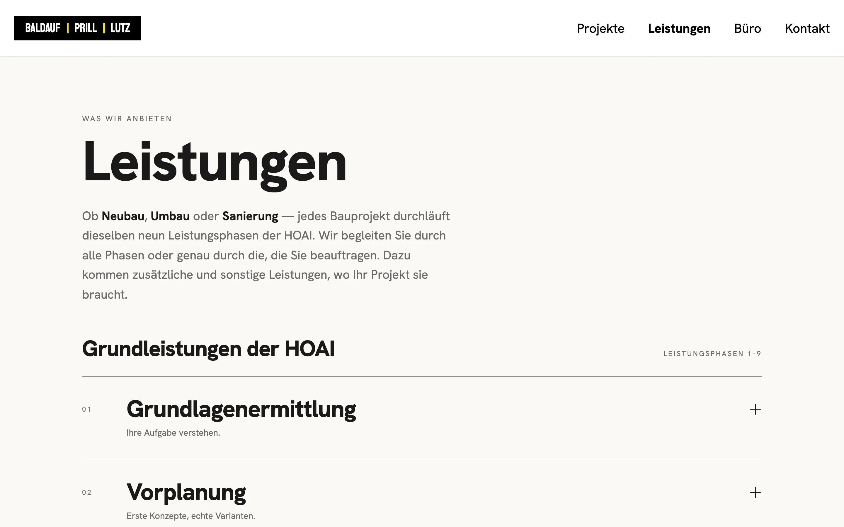 Leistungsseite von BPL Architekten mit den Leistungsphasen der HOAI
