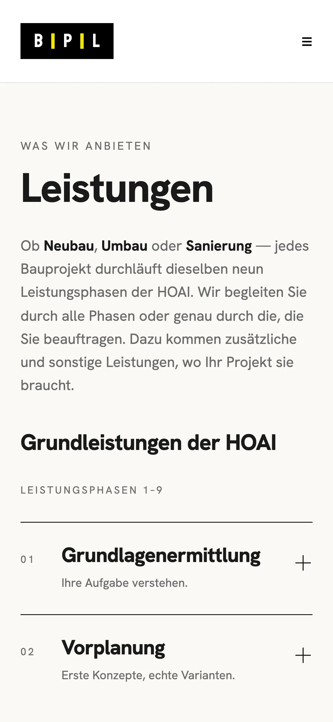 Leistungsseite von BPL Architekten mit aufklappbaren HOAI-Phasen auf dem Handy