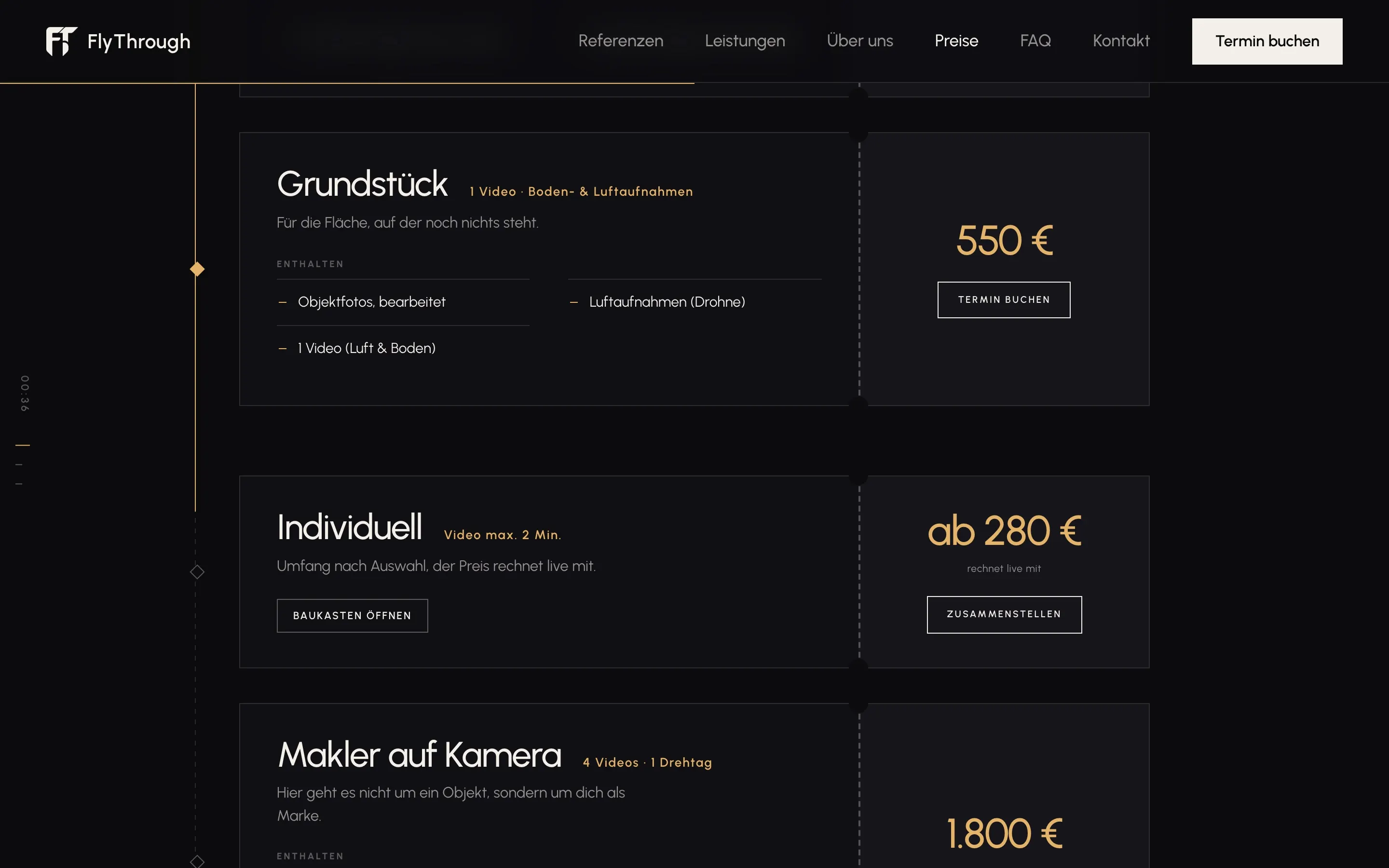 Preisseite von FlyThrough mit Paketen im Ticket-Design