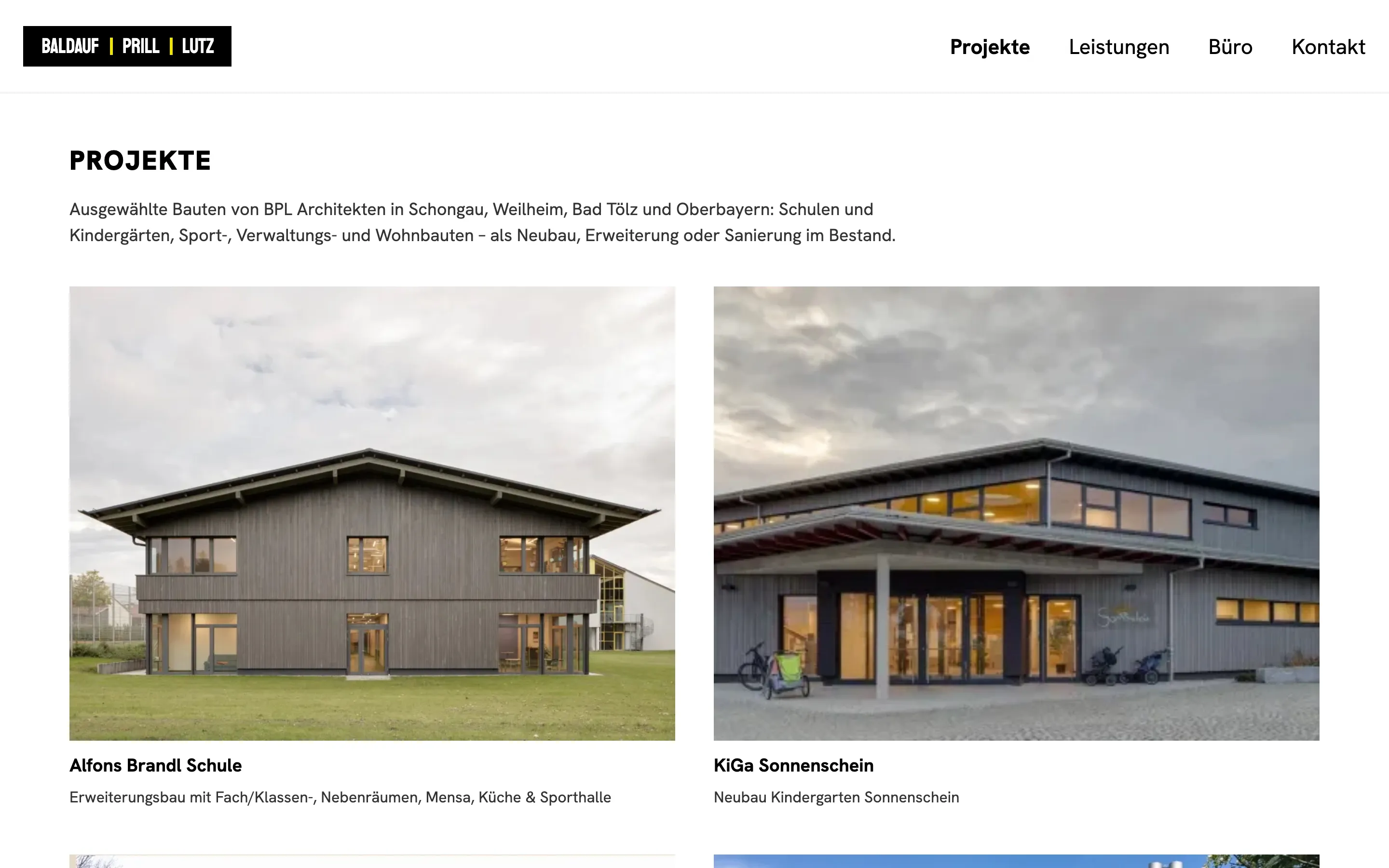 Projektübersicht der Website von BPL Architekten mit großen Fotos der Bauten