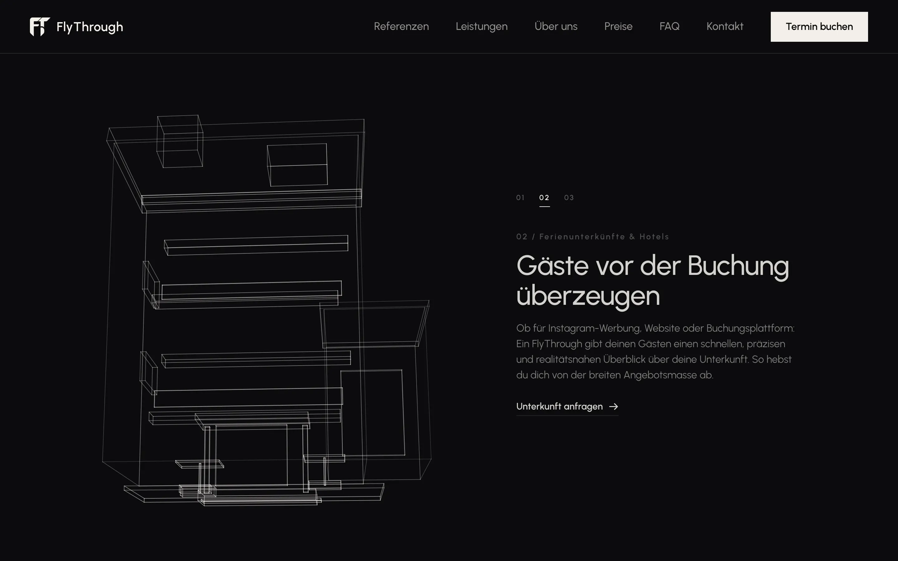 Scroll-Sequenz mit Drahtmodell-Haus auf der Startseite von FlyThrough