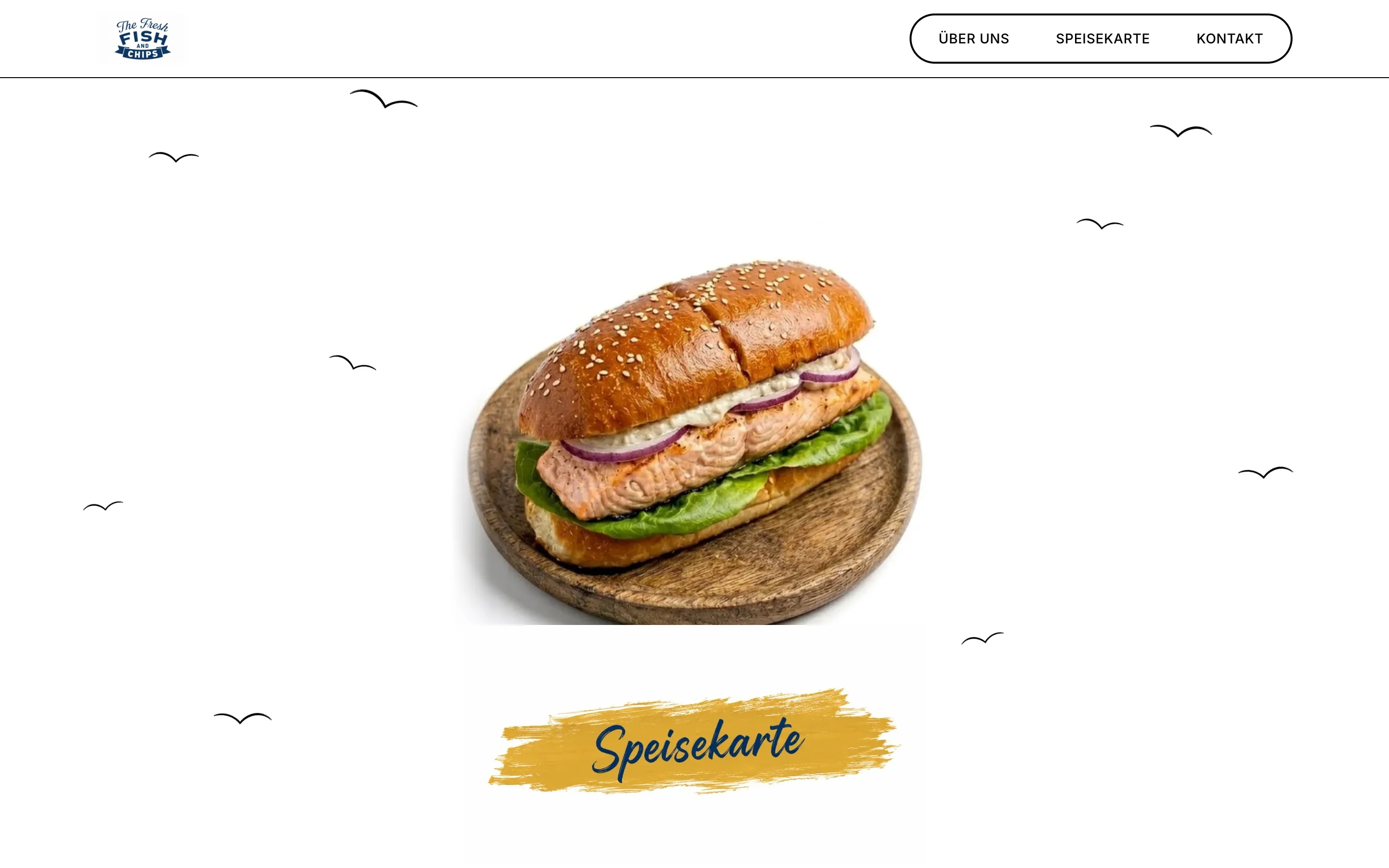 Startseite von Fisch Levy mit Lachsbrötchen und Link zur Speisekarte