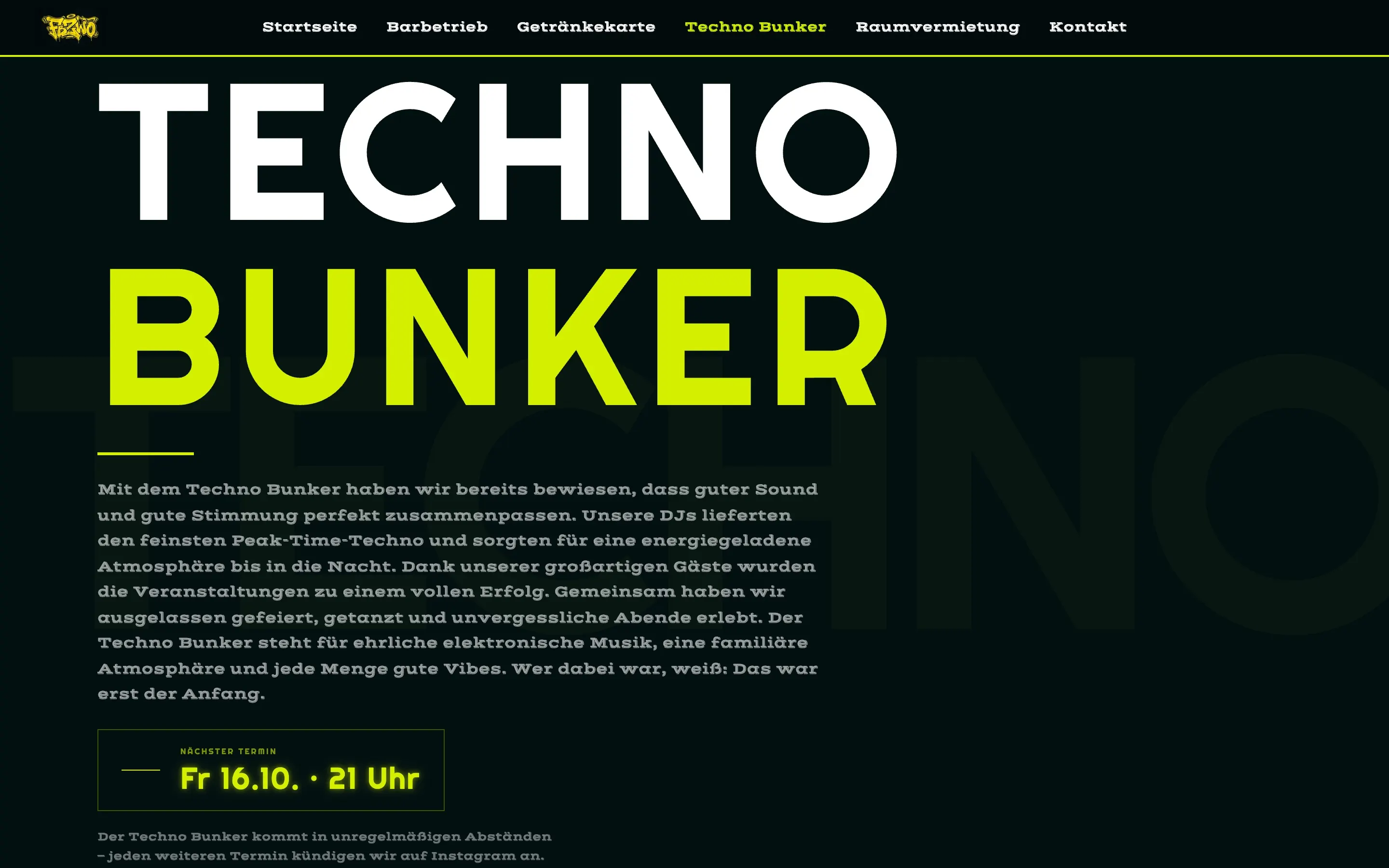 Seite Techno Bunker des F.Zwo mit dem nächsten Termin
